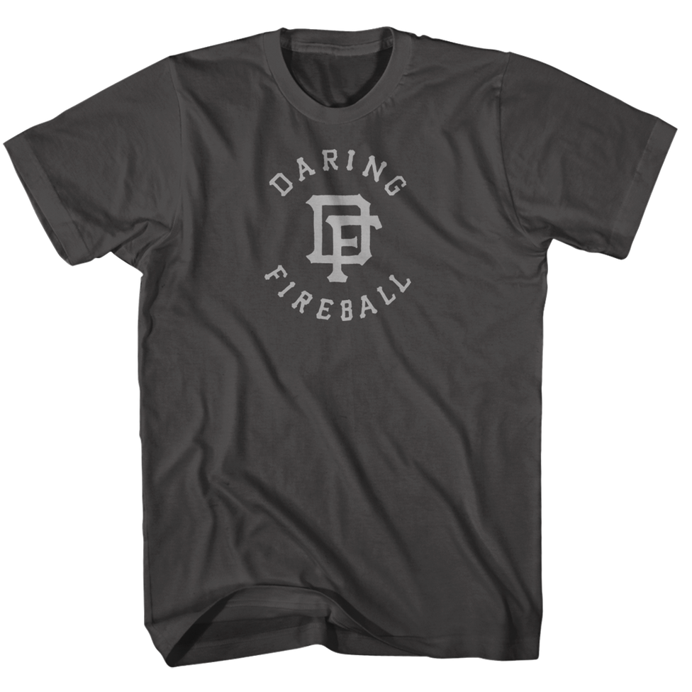 Thumbnail of an asphalt gray Daring Fireball baseball t-shirt with a hand-lettered ‘DF’ monogram design.