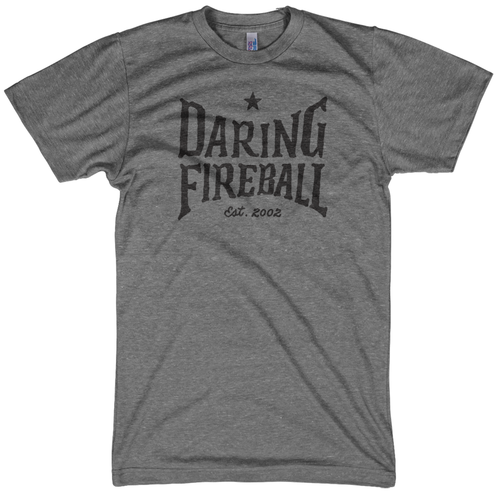 An athletic gray Daring Fireball t-shirt, hand-lettered design.