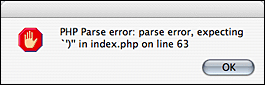 Screenshot of PHP error in an alert dialog.