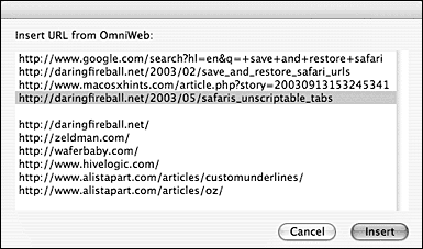 Screenshot: Insert URL from OmniWeb dialog box
