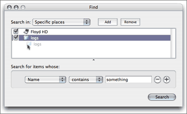 The "Specific places" panel of the Finder's Find dialog.