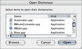 Script Editor's Open Dictionary dialog box shows '.app' file extensions