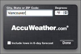 Screenshot of the Weather widget, after typing ‘Vancouver’.