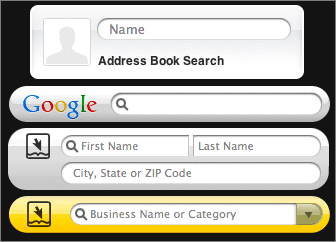Screenshot of the new Address Book, Google, People, and Business widgets, side-by-side.