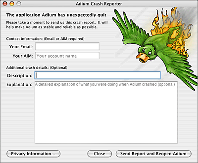 Screenshot of Adium's crash reporter dialog, which features an illustration of a burning duck careening toward the ground.
