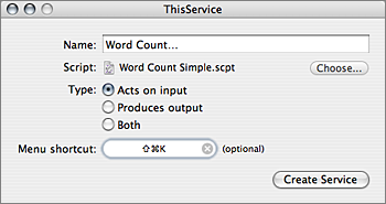 Screenshot of ThisService with configuration for Word Count Service.