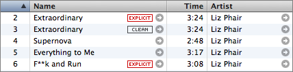 List view of several Liz Phair songs badged 'Explicit' and 'Clean' at the iTunes Store.