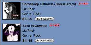 Promotional view of two Liz Phair albums badged 'Explicit' at the iTunes Store.