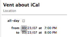 Screenshot of event entry fields in iCal 2.0.5