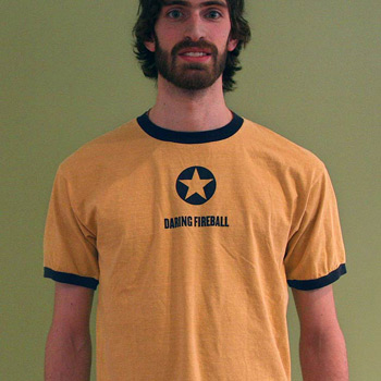 Mustard yellow DF t-shirt with navy trim.