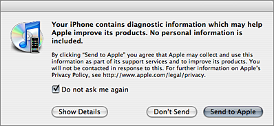 iTunes 7.3 dialog box for iPhone crash reports