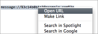Screenshot of a 'message:' URL contextual menu in NSTextView.