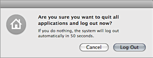 Screenshot of Mac OS X's log out confirmation dialog.