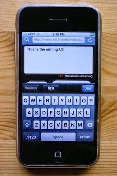 An iPhone displaying iTweet’s posting interface.
