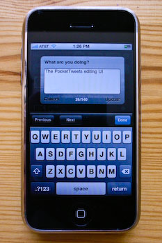 An iPhone displaying PocketTweets’s posting interface.