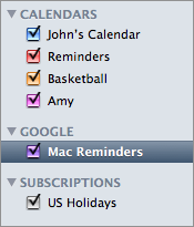 Screenshot of iCal’s source list after setting up a Google Calendar account.