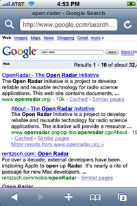 Zoomed-in version of Google web search results on the iPhone, after a query initiated through the MobileSafari toolbar.