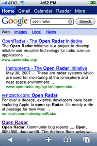 Google web search results on the iPhone, after a query initiated on www.google.com.