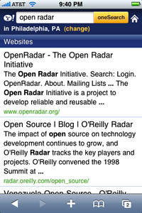 Yahoo web search results on the iPhone, after a query initiated through the MobileSafari toolbar.