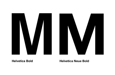 Comparison of uppercase M character in Helvetica and Helvetica Neue.