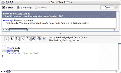 Screenshot of CSS Syntax Check results browser
