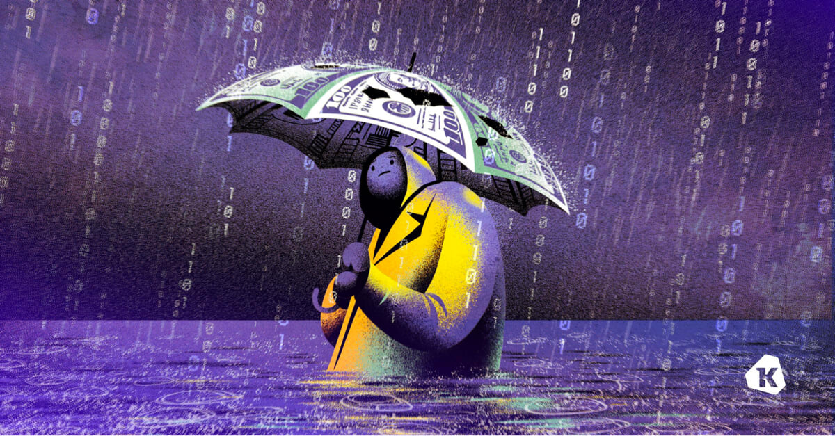 Illustration of a figure standing in the rain, holding an umbrella made of $100 bills.