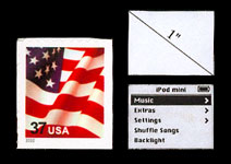 Comparison of a standard U.S. postage stamp to a hypothetical 1-inch iPod display.