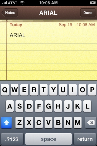 Screenshot of the iPhone Notes app using Arial instead of Marker Felt as the text font.