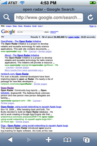 Google web search results on the iPhone, after a query initiated through the MobileSafari toolbar.