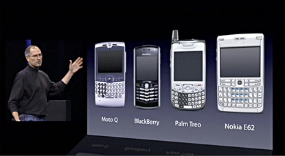 Steve Jobs at Macworld Expo 2007, showing the leading smartphones prior to the iPhone.