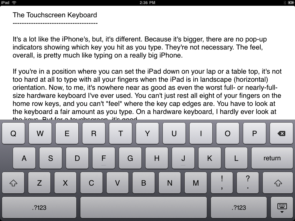 Screenshot of the iPad keyboard, alphabetic mode.