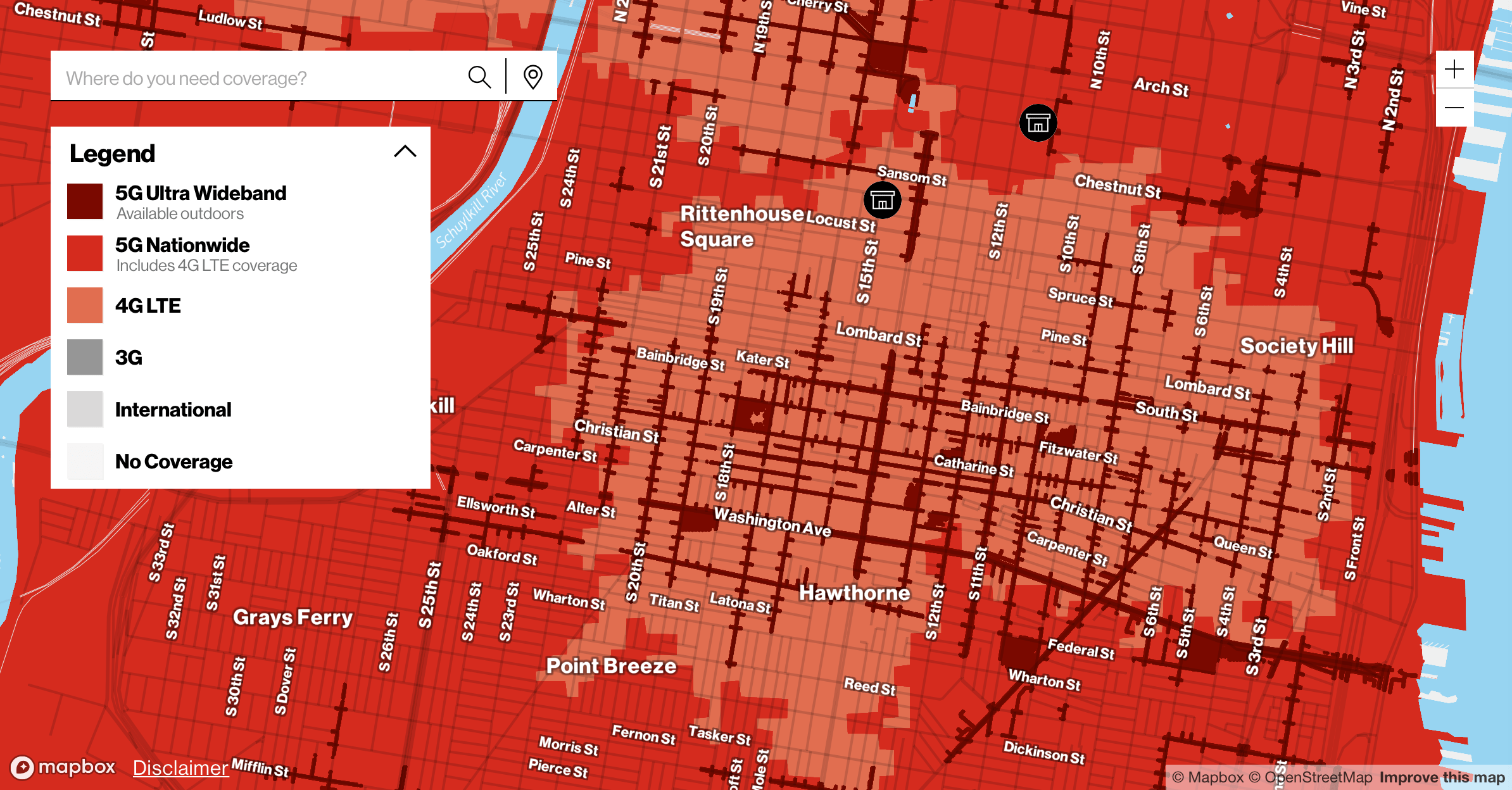 Verizon's coverage map for Center City Philadelphia.