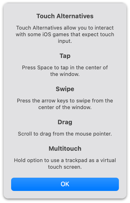 The ‘Touch Alternatives’ alert in an iOS app running on MacOS 11 Big Sur.