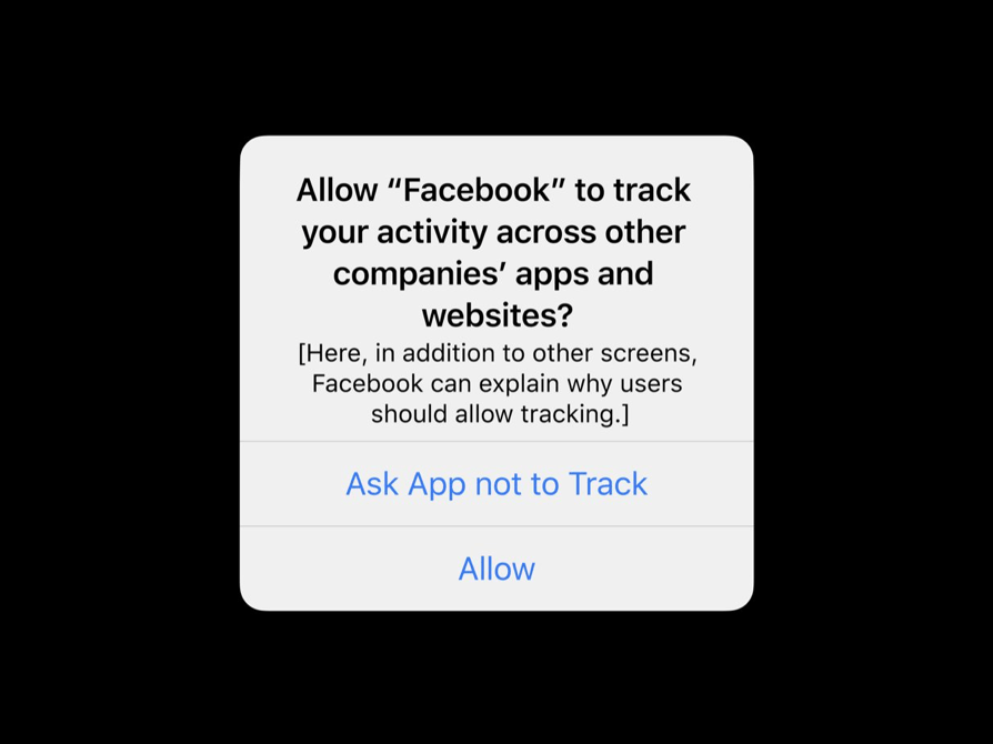 Example ad tracking permission dialog for Facebook.