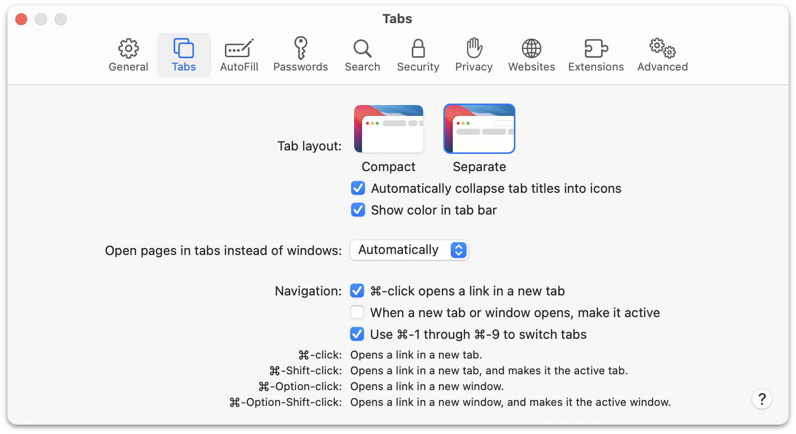 Screenshot of the default “Tab” preferences for Safari 15.0 on MacOS 11.