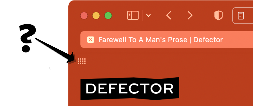 Screenshot of the top left corner of Defector, with “Show color in tab bar” turned on in Safari 15.