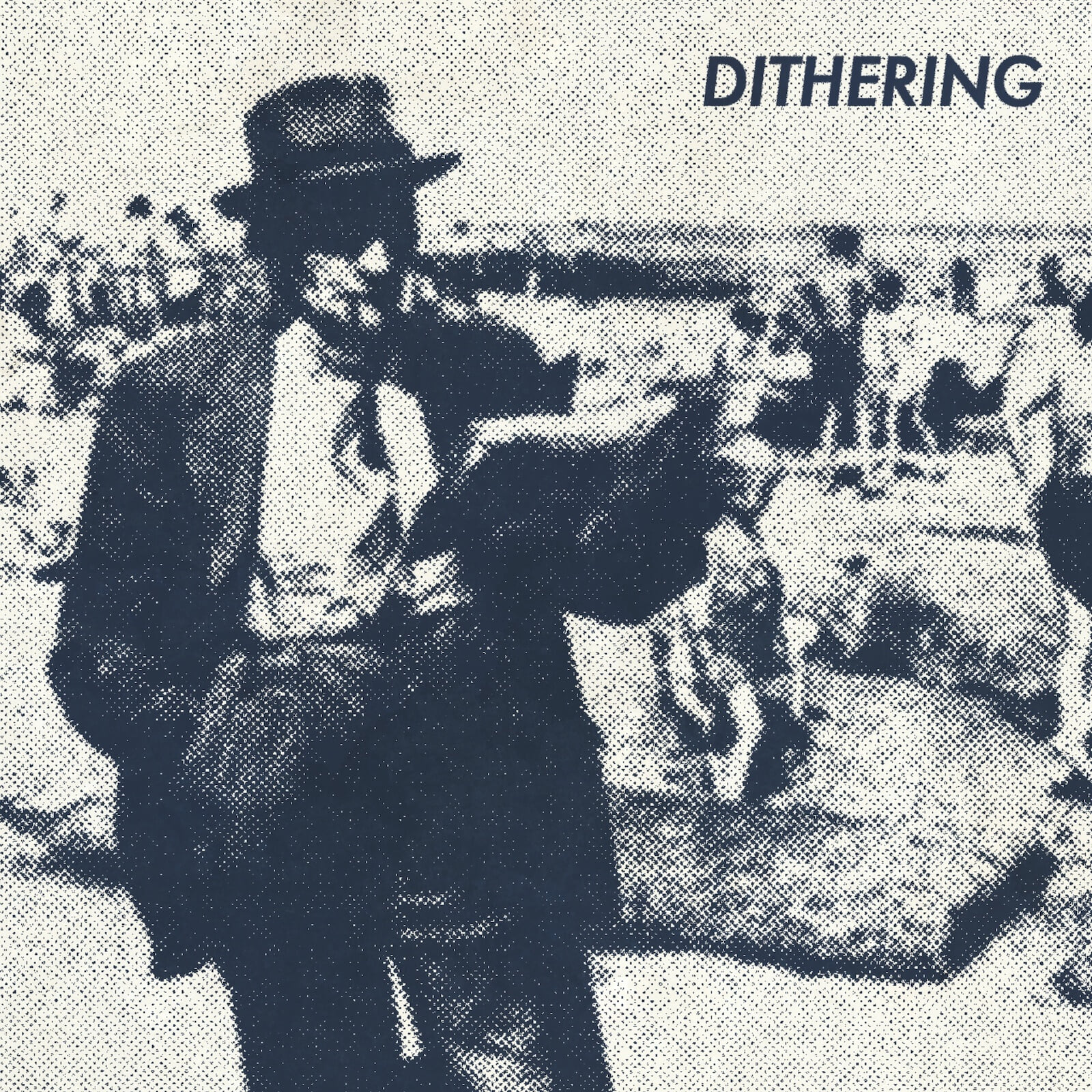August 2022 cover art for Dithering, depicting a man, circa the mid-20th century, wearing a suit and fedora reading the newspaper while surrounded by frolickers at the beach.