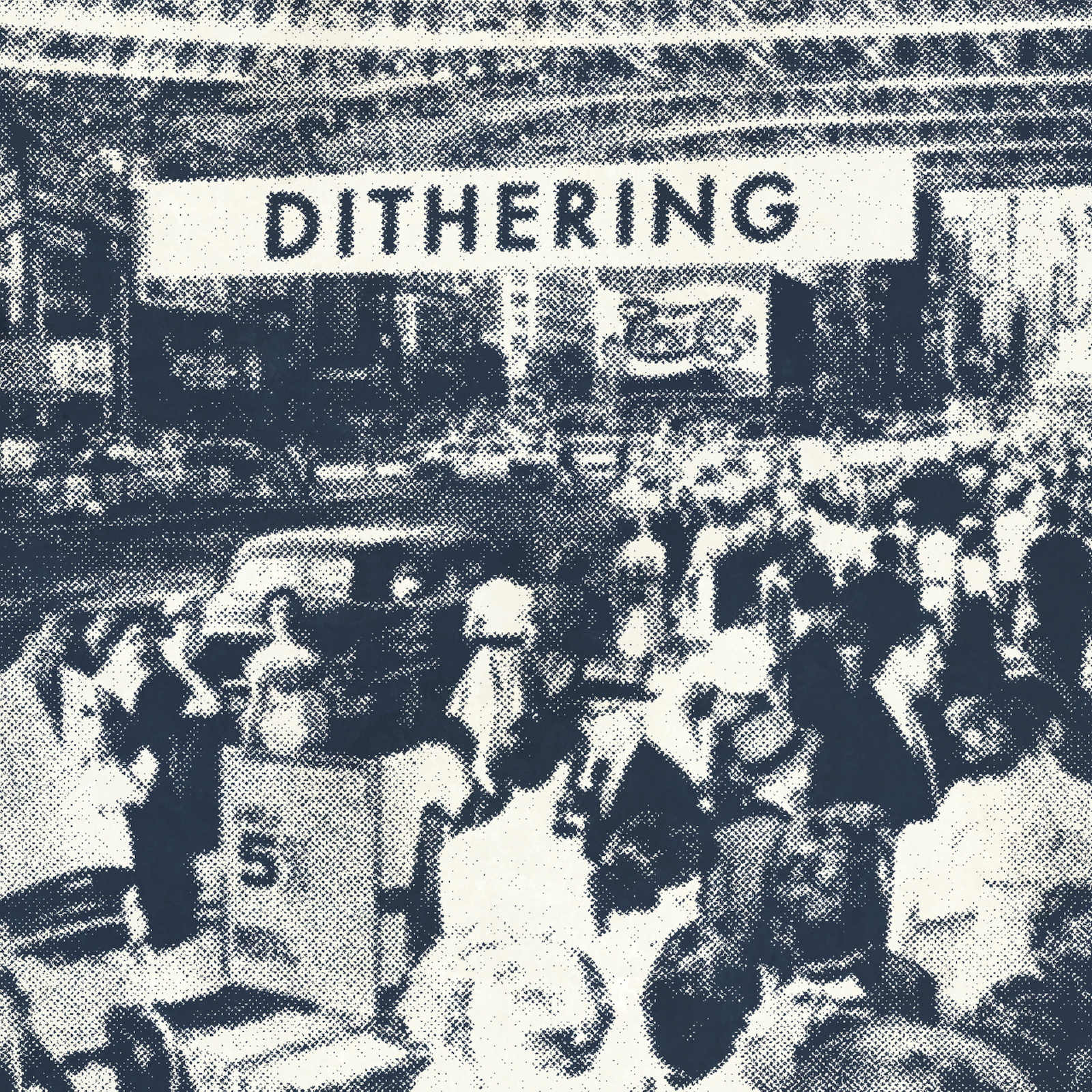 September 2023 cover art for Dithering, depicting a crowd of people with a “Dithering” sign in the background.