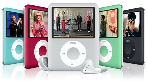 Marketing photo of five 3rd-gen “fat” iPod Nanos, blue, red, silver, green, and black.