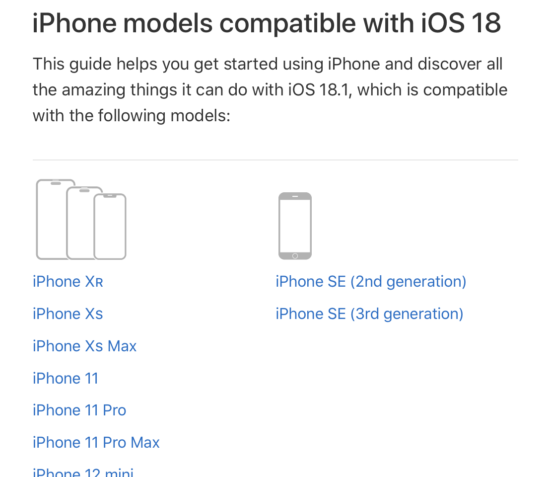 Screenshot from the linked Apple support page, showing the S in “iPhone XS” and R in “iPhone XR” styled with small caps.