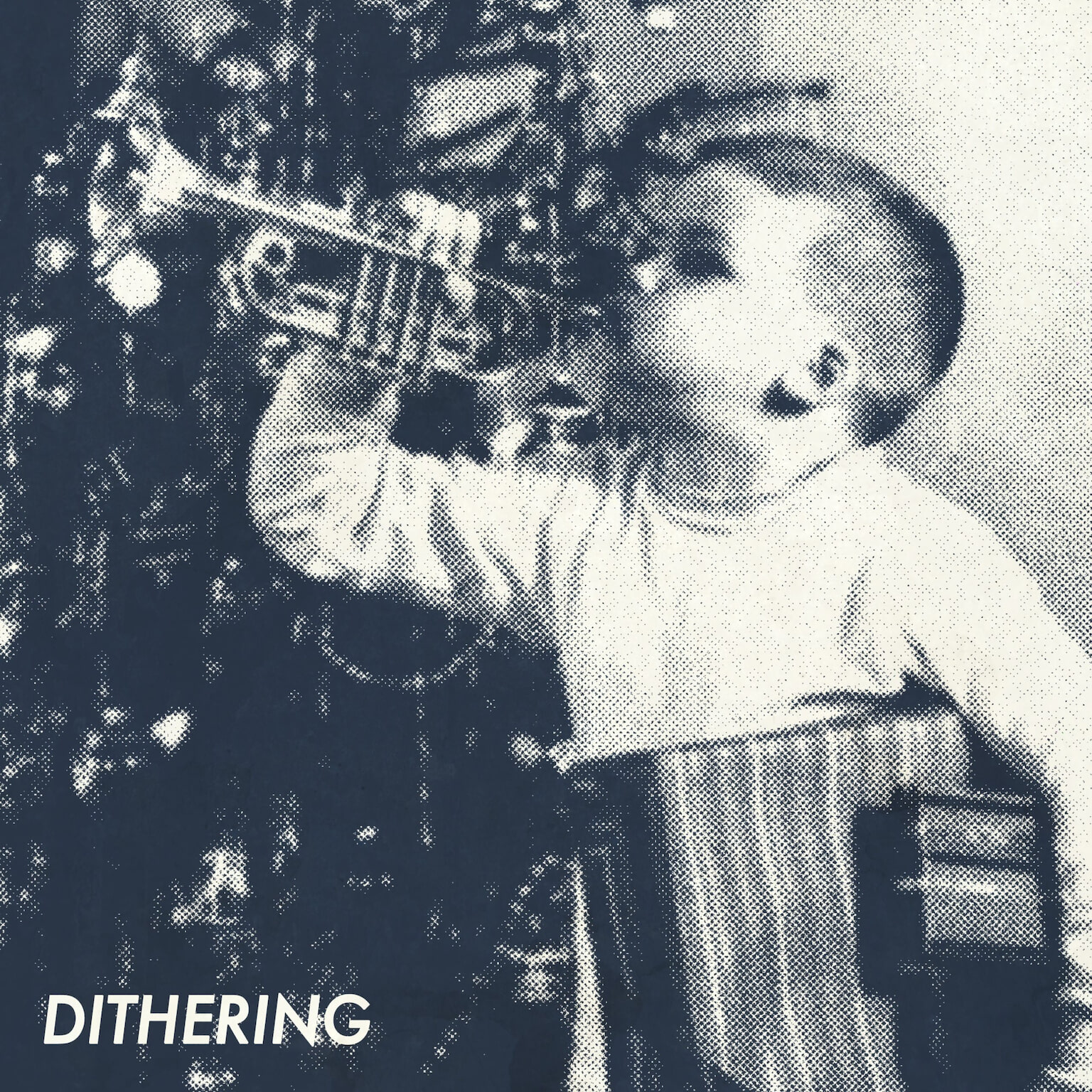 December 2024 cover art for Dithering, depicting a young lad tooting his new trombone next to the tree on Christmas morning.