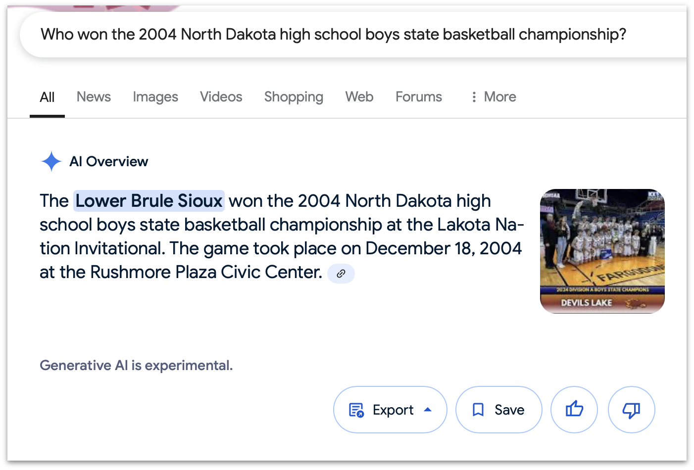 Screenshot of Google AI Overview providing the response: “The Lower Brule Sioux won the 2004 North Dakota high school boys state basketball championship at the Lakota Nation Invitational. The game took place on December 18, 2004 at the Rushmore Plaza Civic Center.”