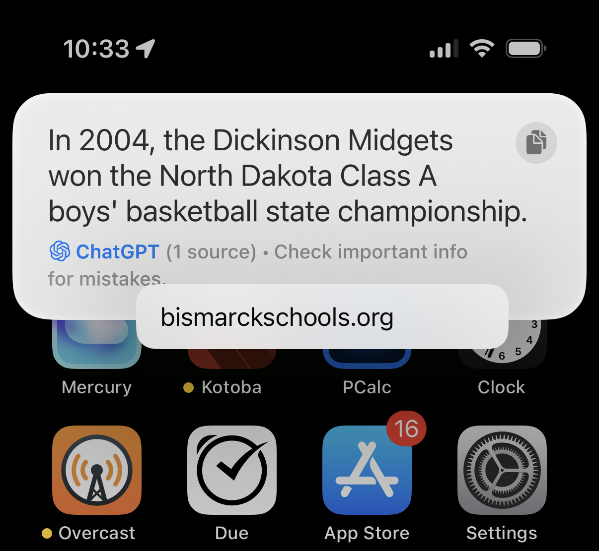 Screenshot of Siri providing the wrong answer, incorrectly claiming the Dickinson Midgets won the 2004 North Dakota Class A state championship.