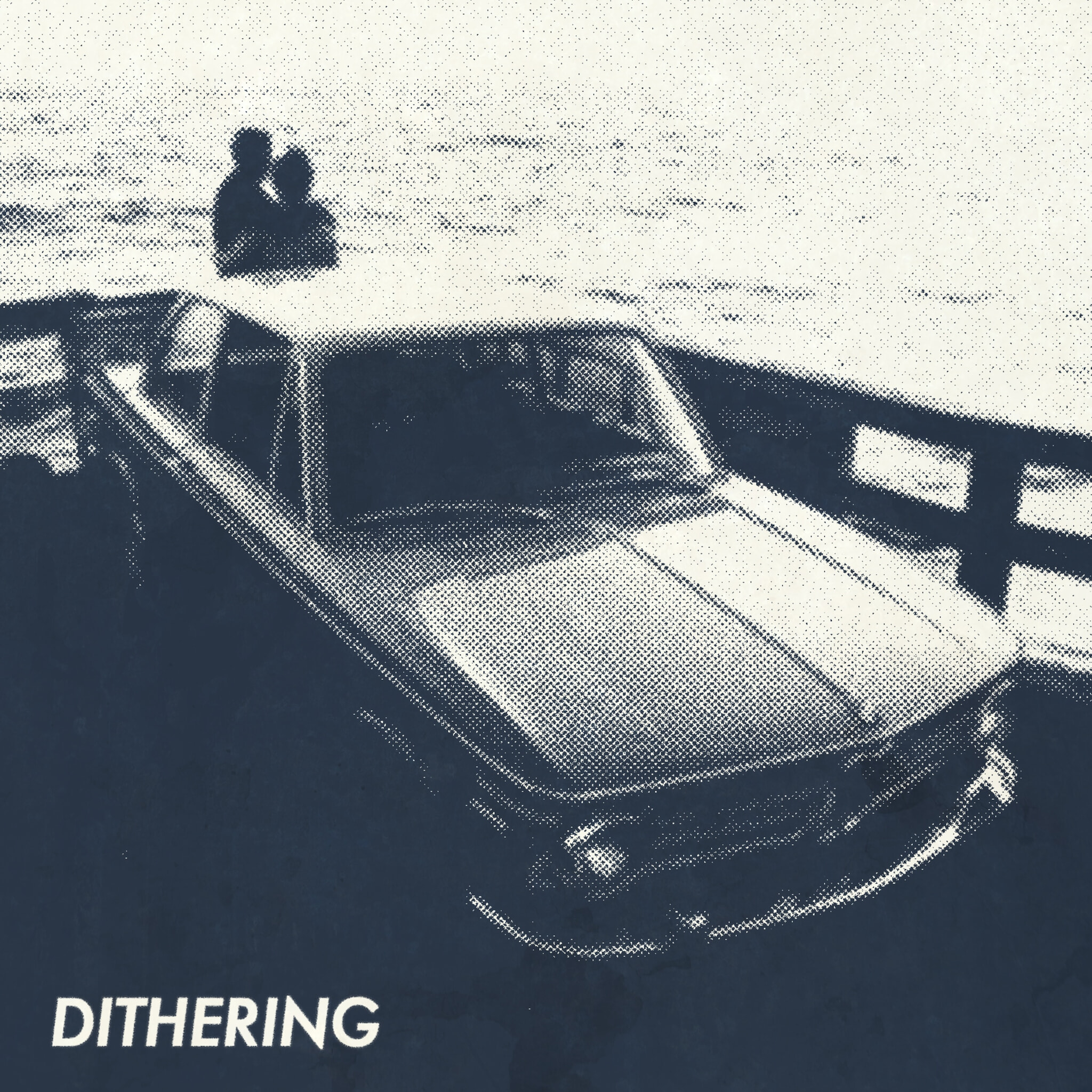 February 2025 cover art for Dithering, depicting a couple embracing at sunset, staring at the open ocean, in front of their car on the deck of a ferry (or perhaps a pier?).