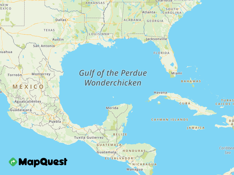 A map showing the Gulf of Mexico labelled “The Gulf of the Perdue Wonderchicken”.