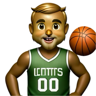 Genmoji output for “An owl who looks like Paul Kafasis, wearing a Celtics jersey, holding a basketball.”