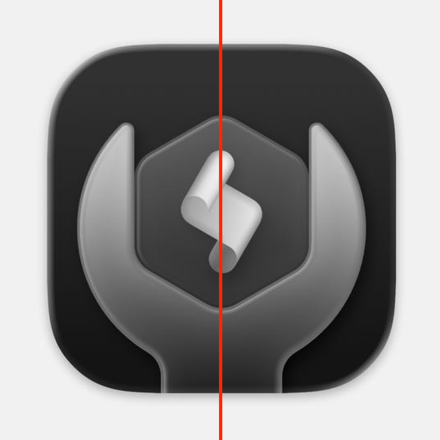 Close-up of the MacOS 26 Tahoe icon for AppleScript Utility, with a center line added to show that the script “scroll” is tilted incorrectly.