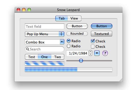 Screenshot illustrating the standard GUI controls of Mac OS X 10.6 Snow Leopard.