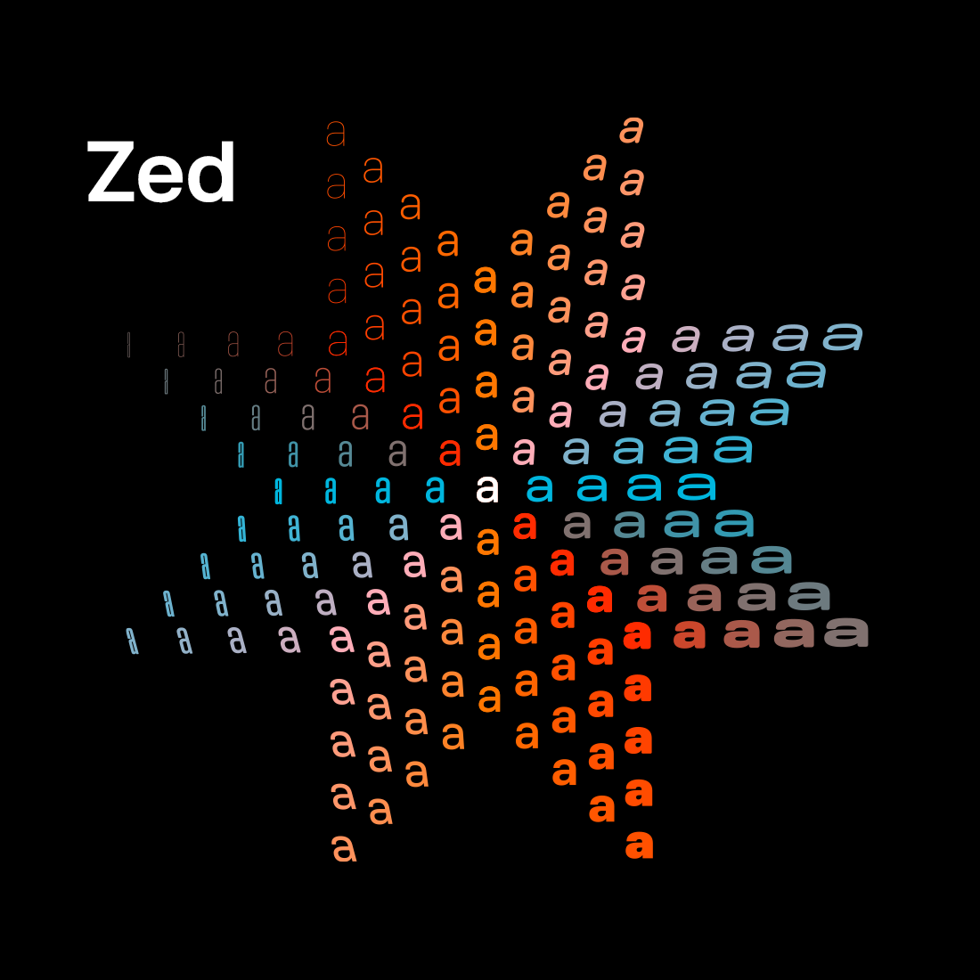 Sample of a variety of lowercase a’s from Zed, arranged in a star pattern.