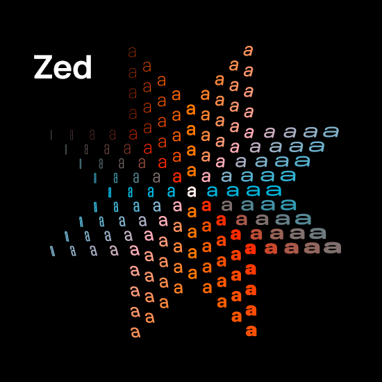 Sample of a variety of lowercase a’s from Zed, arranged in a star pattern.